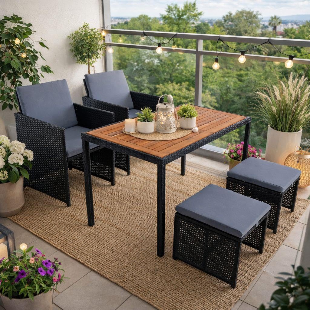 ESTEXO Polyrattan Sitzgruppe Gartenmöbel Set Essgruppe Gartenset Rattanmöbel Rattan Set Hocker Gartenstühle Gartentisch (4 Personen/Schwarz)