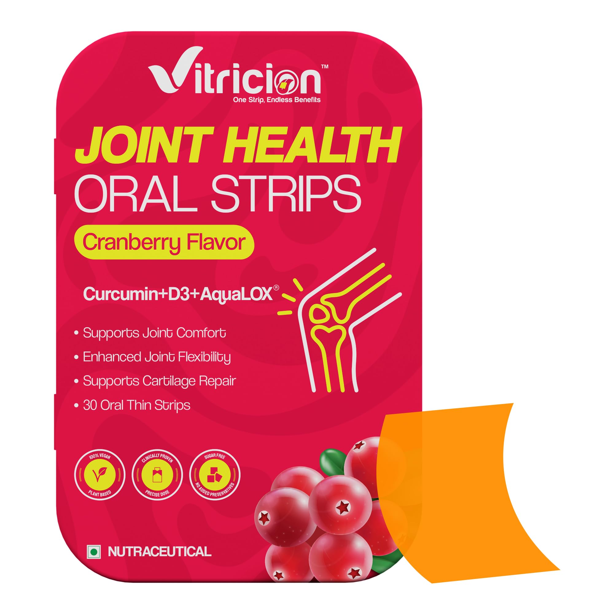 Joint Support Oral Strips – 30 Fast-Dissolving Vegan, Non-GMO Strips with Curcumin, Vitamin D3 & Aqualox | Plant-Based Cranberry Flavour Supplement for Joint Health, Flexibility & Mobility