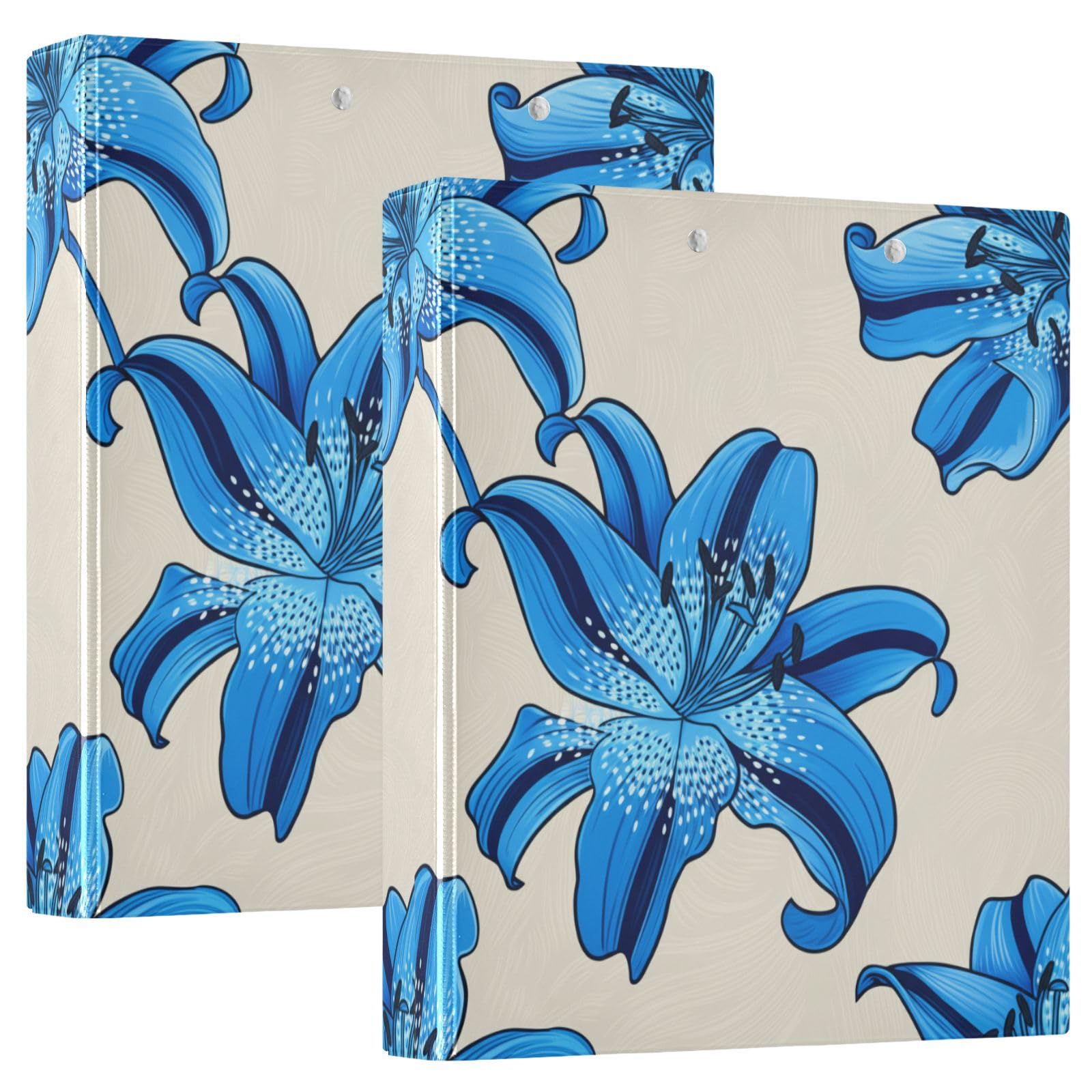 Raccoglitore a tre anelli con motivo floreale blu e beige, 3,8 cm, flessibile, con tasche, 3 raccoglitori ad anelli per scuola, università, ufficio (confezione da 2)
