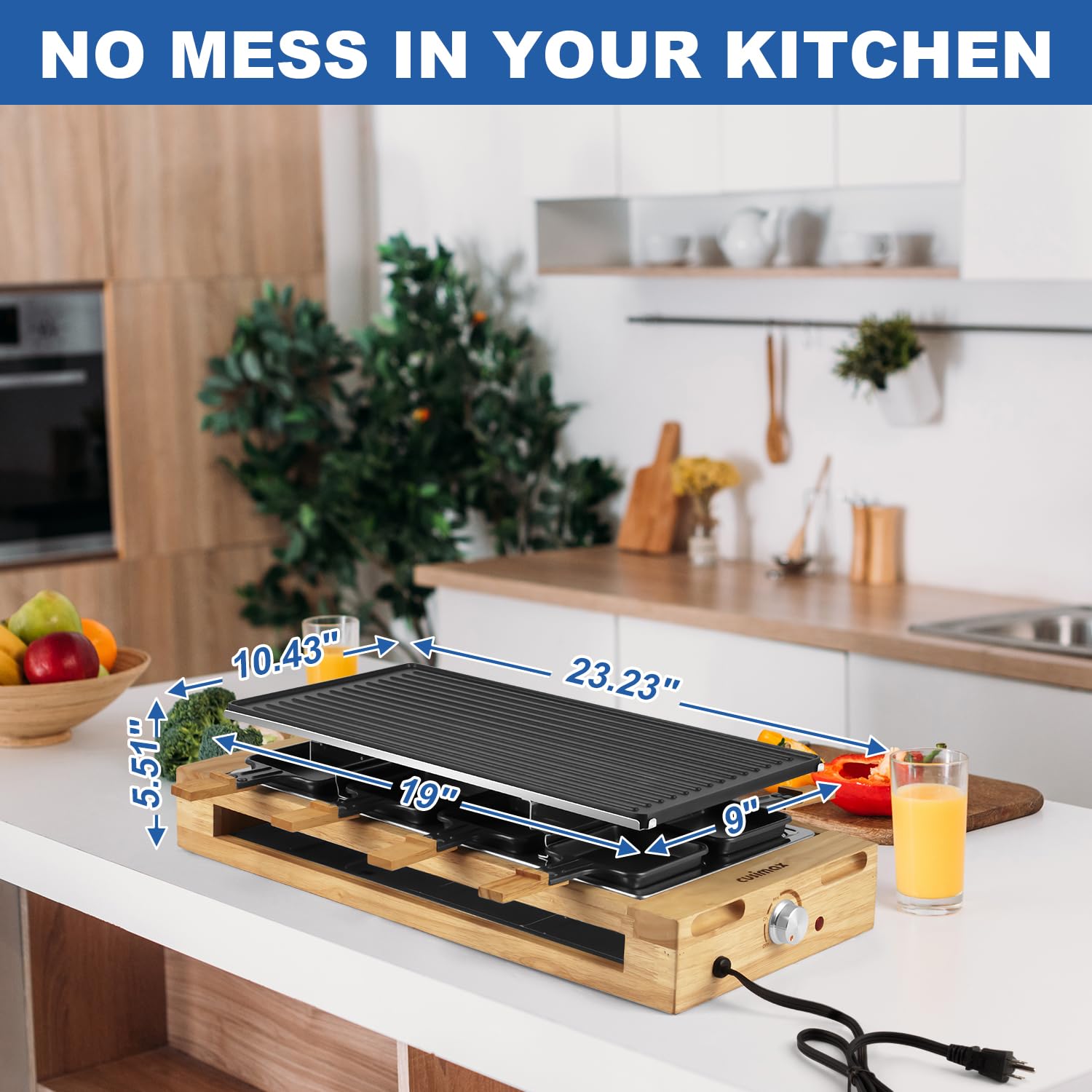 Parrilla de mesa de raclette para interiores, parrilla eléctrica de 1500 W con placa antiadherente reversible 2 en 1/base de madera, parrilla de fiesta con 8 bandejas y espátulas de madera, 7