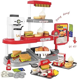 deAO Fast Food Shop Game with Sound Including Realistic Chip Burger Chips Roast Chicken, Play Money, Coffee Machine with Outlet Function, Fast Food Restaurant Children for Role Play from 3+
