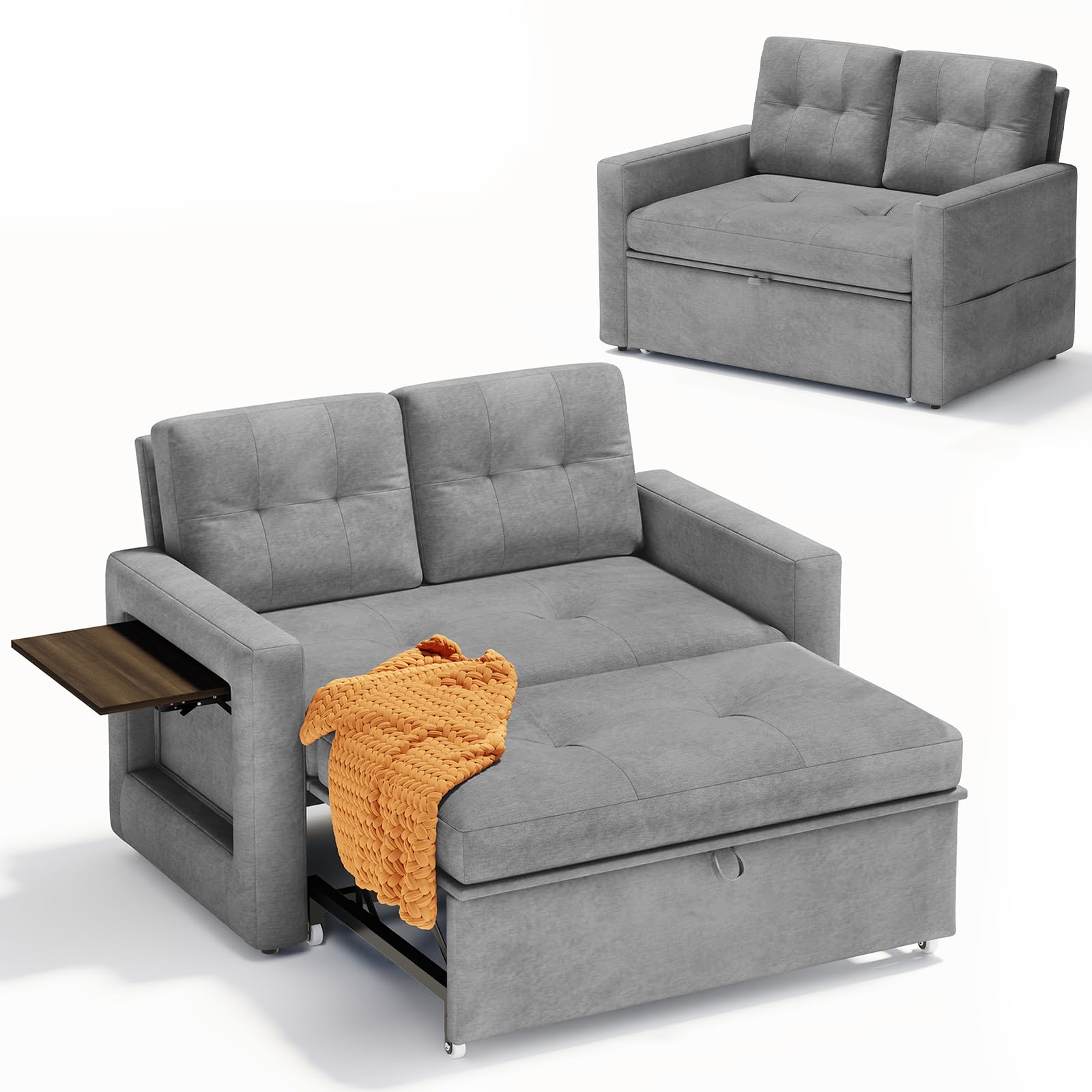 YOUDENOVA Sofa mit Schlaffunktion, Schlafsofa mit 5-stufig Verstellbarer Rückenlehne, Schlafcouch mit Bettfunktion, Couch mit Tisch & Seitentasche, 2 Sitzer Sofa Bed 177x135 cm, Chenille Grau