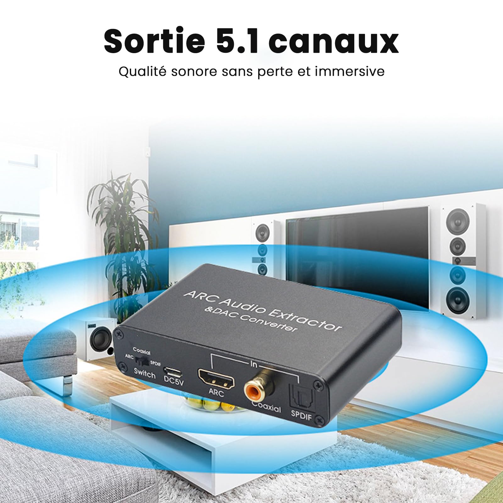 Extracteur Audio HDMI Arc, Convertisseur DAC 192 KHz numérique spdif optique toslink coaxial vers Analogique RCA L/R 3.5mm Jack et toslink，Volume CEC réglable, interrupteur optique
