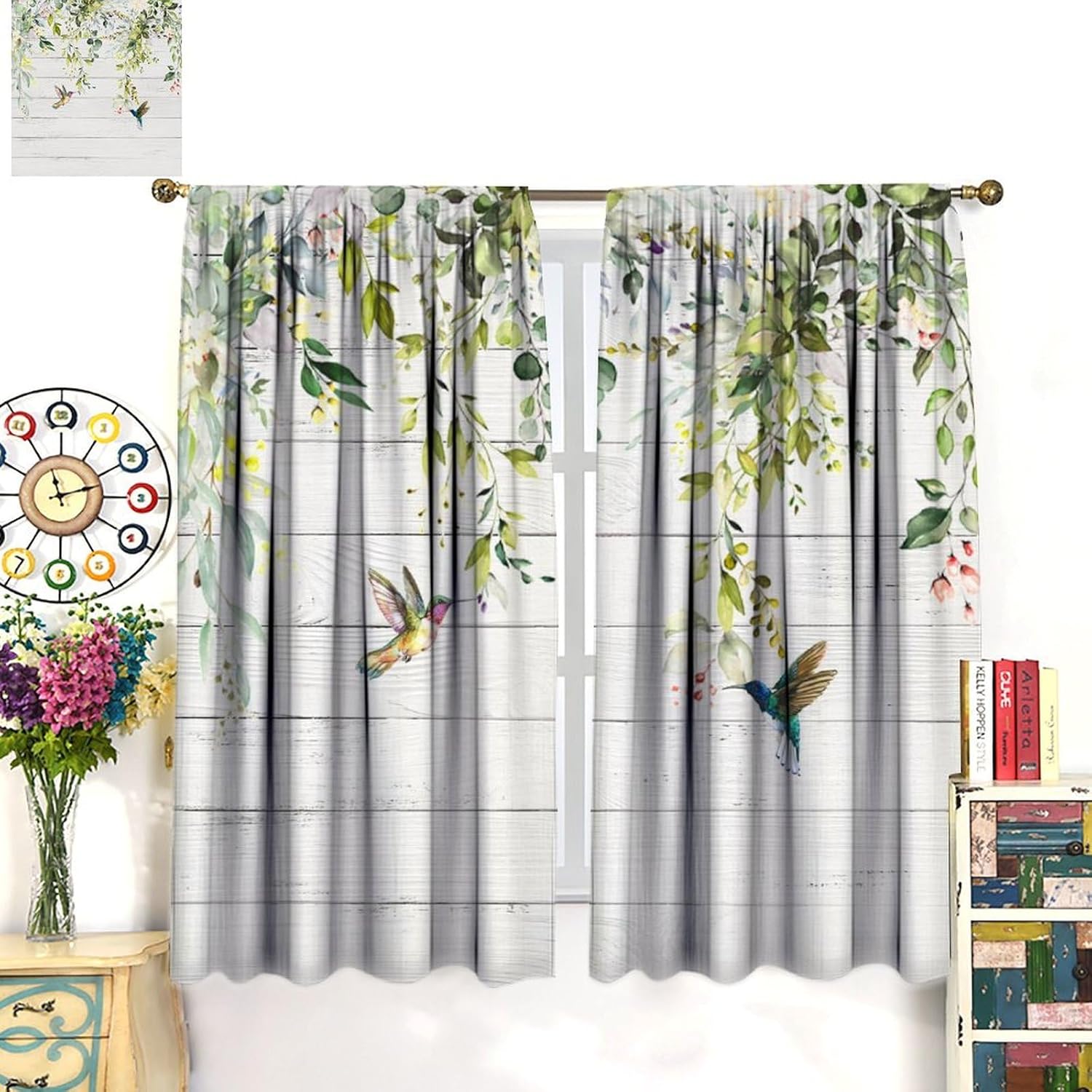 Hummingbird Curtains Vintage Wooden Board Eucalyptus Leaves Art Printed Blackout Window Drapes for Bedroom Kitchen Decor Fabric Set 2 Panel 42x54 Inch 80% Shading Rate