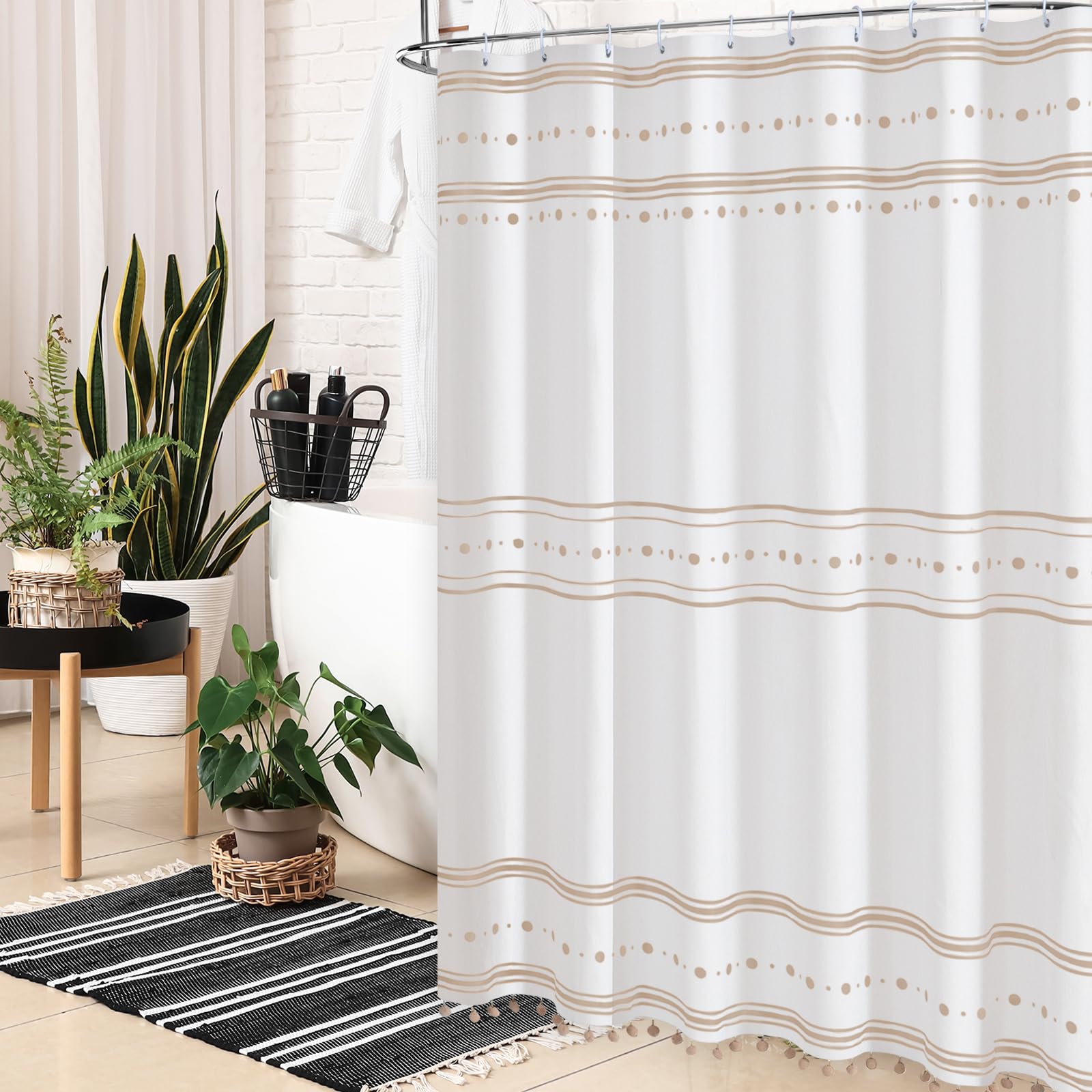 Boho Abstract Sage Shower Curtain With White Tassels – Waterproof Polyester 72x72 Inches