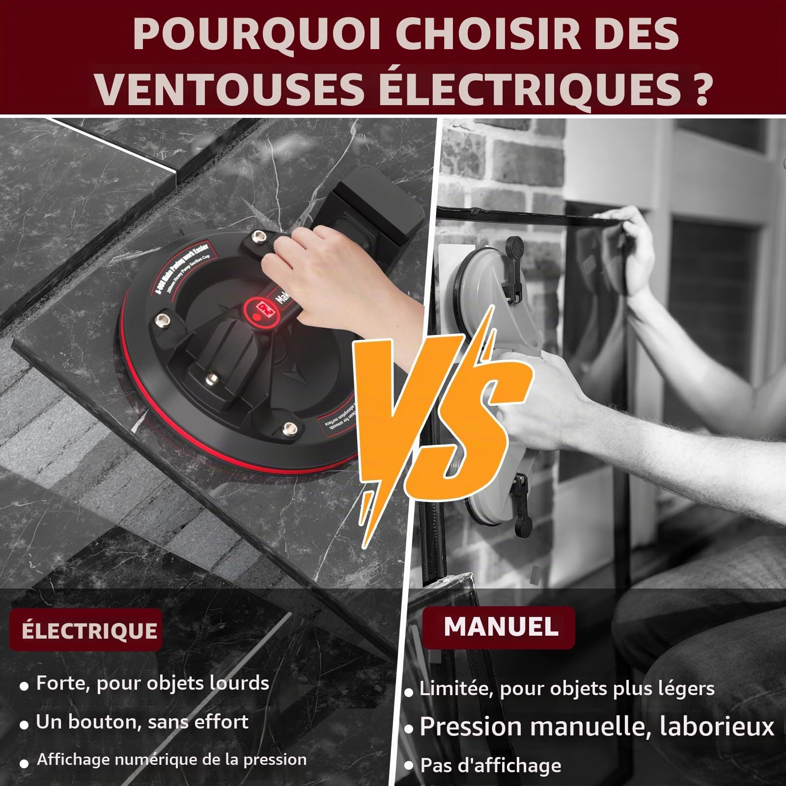 Ventouse Carrelage Electrique, 8" Ventouse Vitre avec Écran LCD, Batterie 3000 mAh, Valise Portable, Industriel à Ventouses en Verre pour Soulever de Vitre,Carrelage,Meubles, Charge 270 KG (2 Pièces)