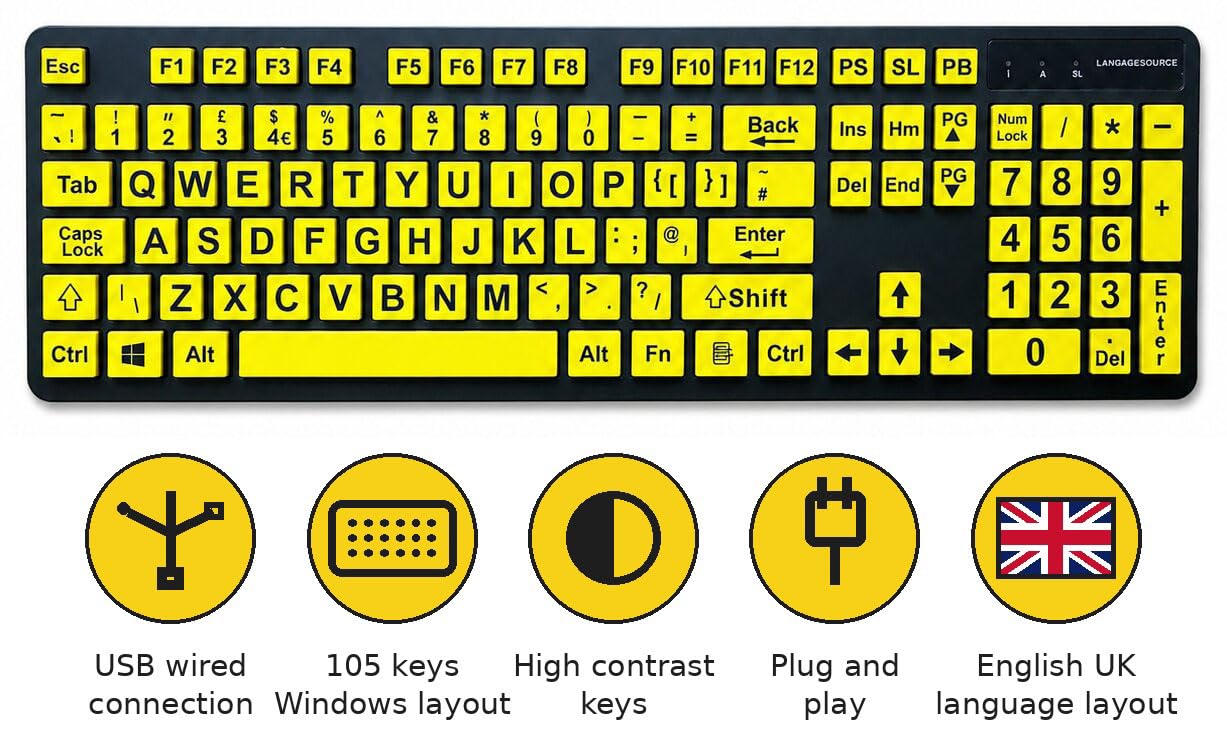 Grande tastiera di stampa, layout inglese in lingua inglese, tastiere USB cablate per computer tasti gialli per ipovedenti e ipovedenti.