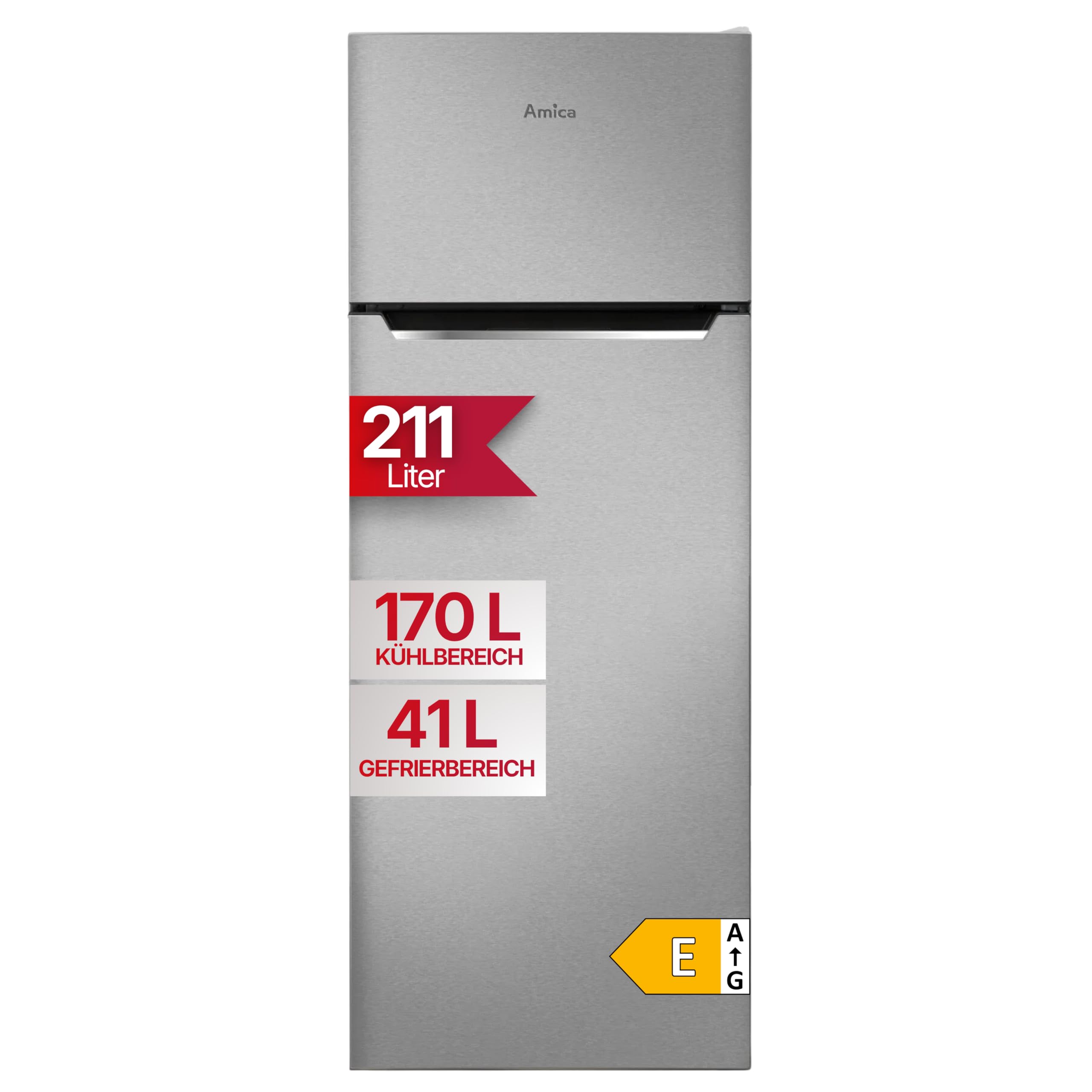 Amica Kühl-Gefrierkombination 211 L 144x54x55 cm DT 374 160 E | 170 L Kühlteil, 41 L Gefrierteil, FrostControl, Automatische Abtauung, LED Beleuchtung, Gemüseschublade