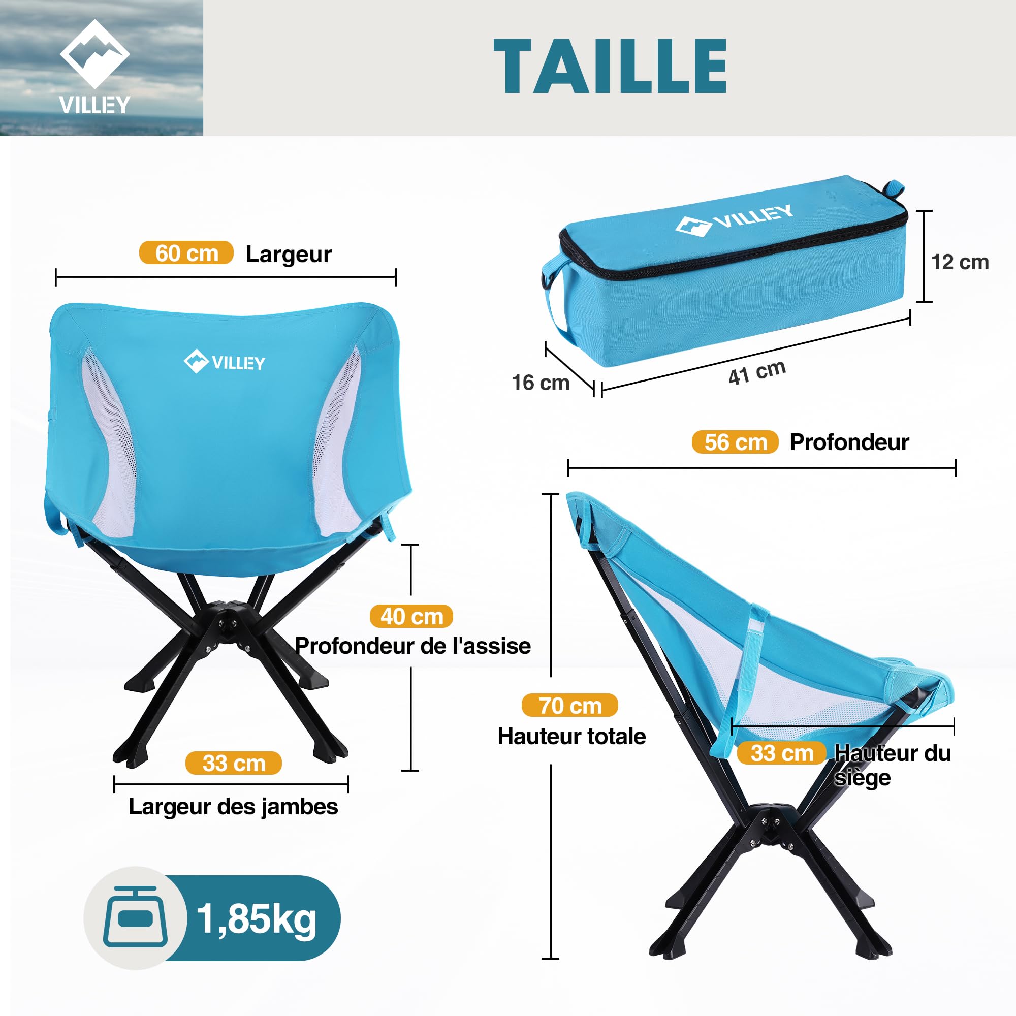 VILLEY Chaise Pliante Camping Légère Bleue | Chaise Pliable Portable avec Sac de Transport, Capacité 150 kg, pour Camping, Voyage, Randonnée, Pique-Nique, Festival