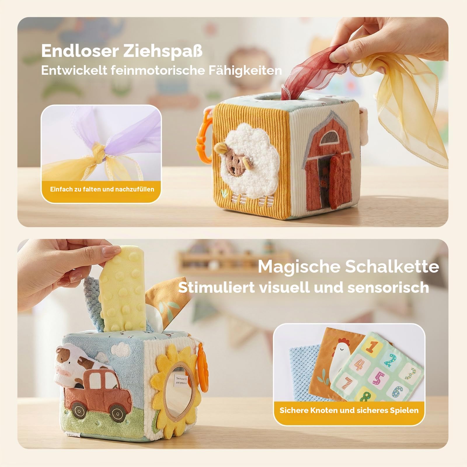 let's make Baby Taschentuchbox Spielzeug, Montessori Sensorik Spielzeug ab 6 9 12 Monaten, Bauernhof Activity-Box Motorikspielzeug mit Knisterpapier, Spiegel & Reiseclip, Geschenke für Mädchen Jungen