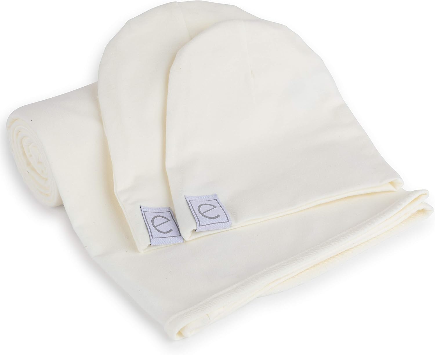 Ely's & Co. Cotton Knit Jersey Swaddle Blanket and 2 Beanie Baby Hats Gift Set, Large Receiving Blanket (Ivory)
