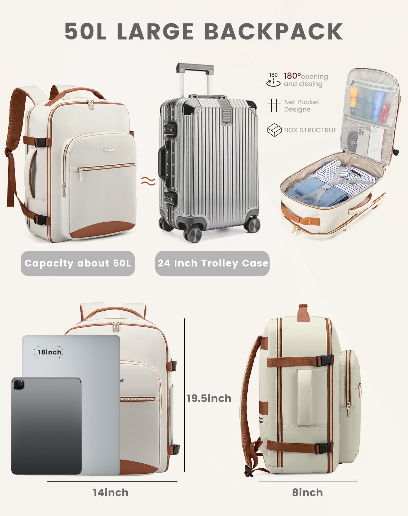 LOVEVOOK Travel Backpack Women, Carry on Backpack for Airplanes, TSA 18inch Laptop Backpack with 3 Packing Cubes Carry on Bags for Airplanes Casual Daypack for Weekender Overnight Hiking, Beige