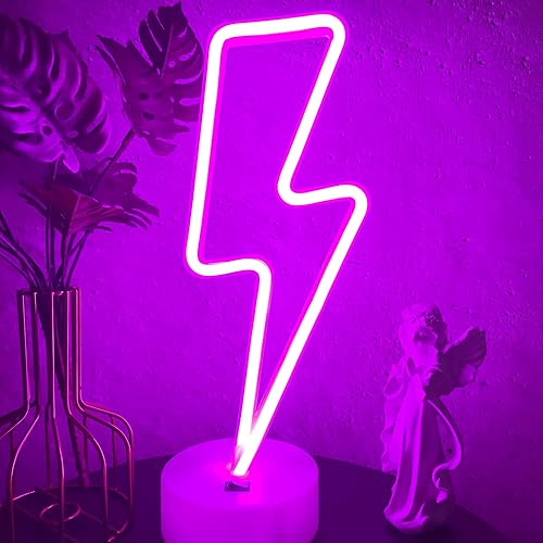 Miniatura 8 de Letrero de neón de rayo morado con base para dormitorio, lámpara de trueno USB/batería, luz nocturna, decoración en forma de LED para escritorio,