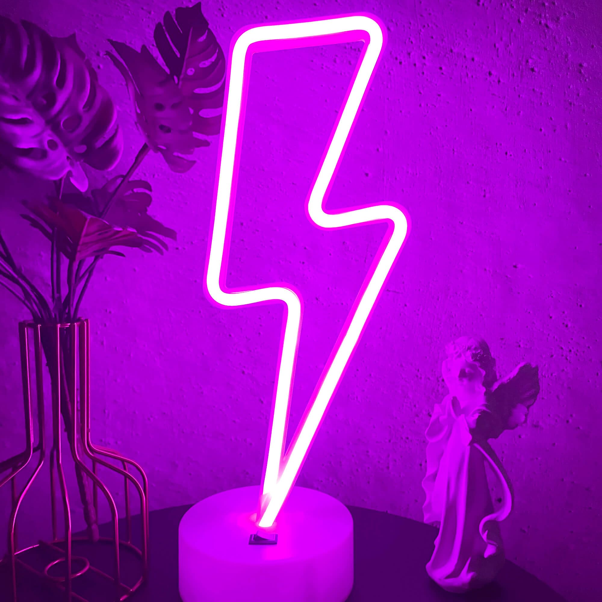 Letreros de neón con forma de rayo, luz de neón púrpura con base para dormitorio, USB/batería, lámpara de neón de trueno, luz nocturna, letrero LED en forma de rayo, decoración para