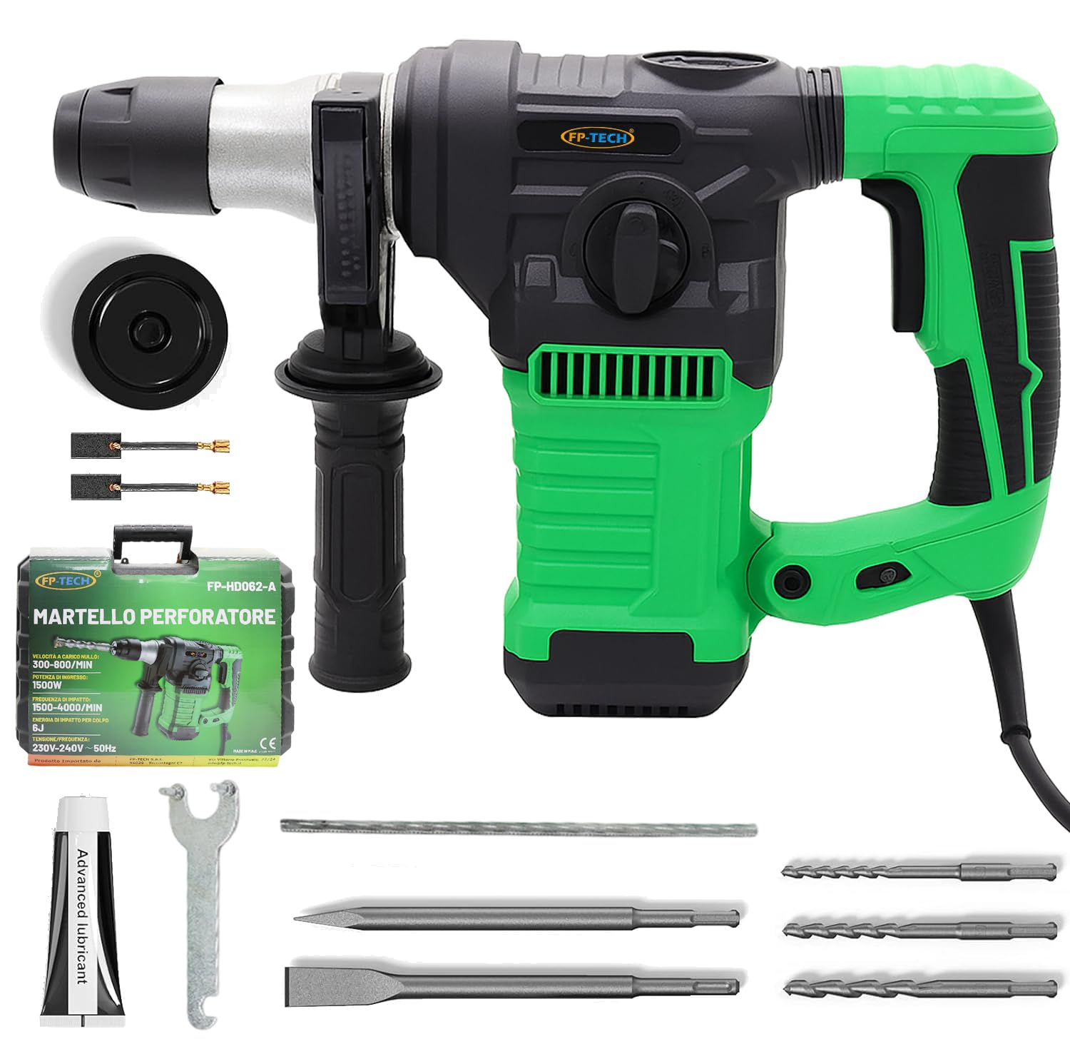 FP-TECH Martello Perforatore Demolitore 1500W 6J SDS Plus | 4 Funzioni, 6 Velocità Variabili, Anti-Vibrazione, Frizione di Sicurezza, Foratura e Scalpello con Valigetta