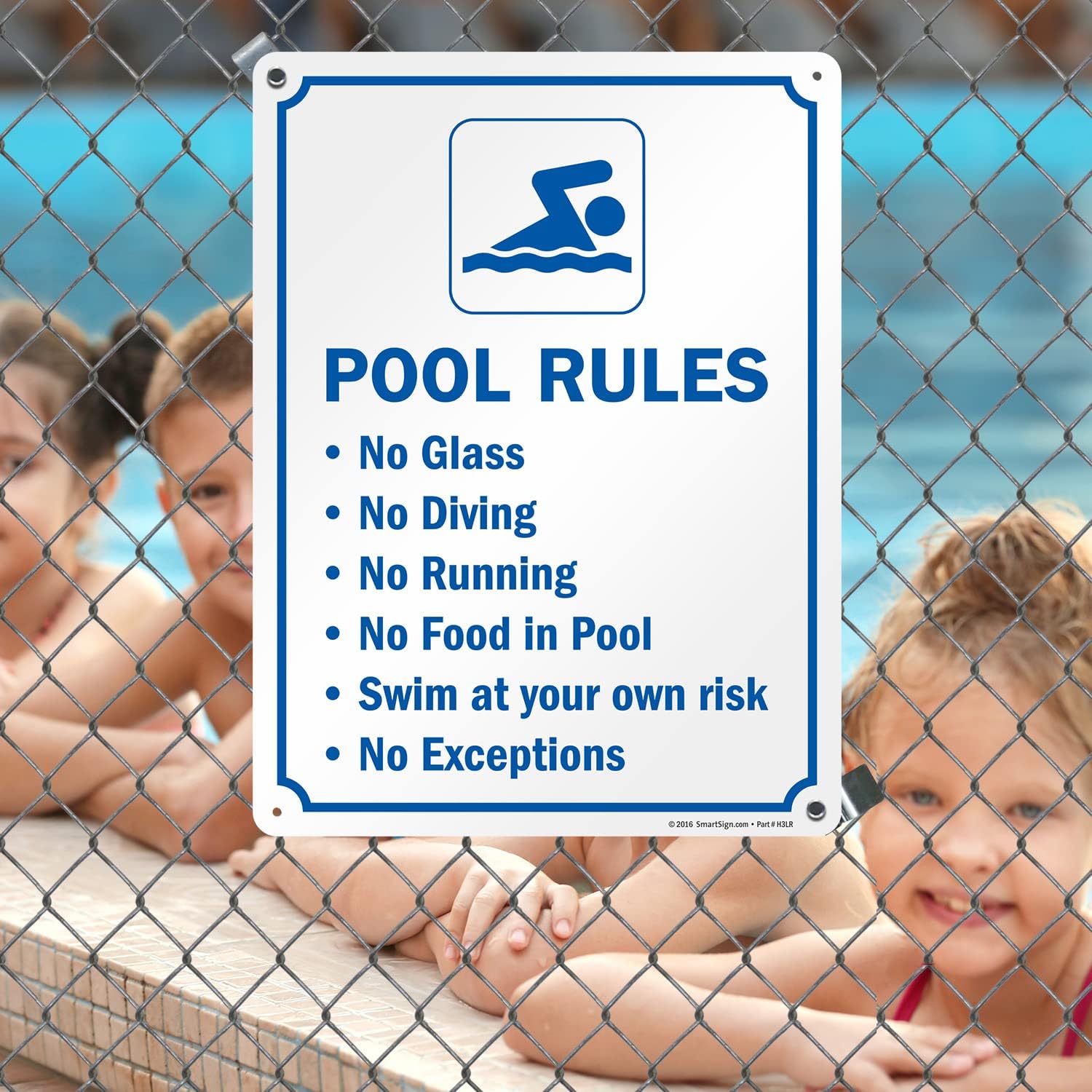 SmartSign 24 x 18 inch “Pool Rules - No Glass, No Diving, No Running,No Food in Pool, Swim At Your Own Risk, No Exception” Sign, Digitally Printed, 55 mil HDPE Plastic, Blue and White, Made in USA