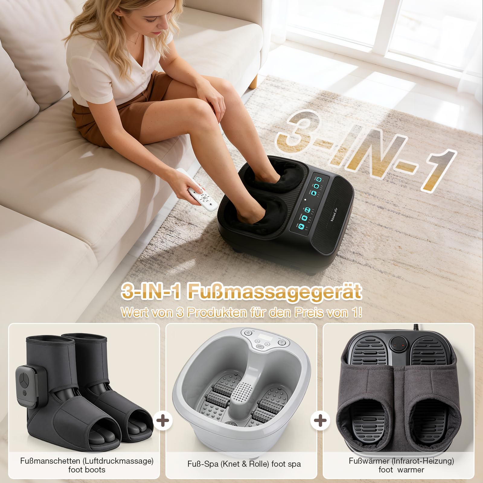 Fußmassagegerät, Shiatsu fussmassagegerät elektrisch mit 3 Knet-Luftkompressions-Vibrationsstufen & 2 Heizstufen, Fernbedienung, bis Schuhgröße 44, Geschenke für Frauen & Männer