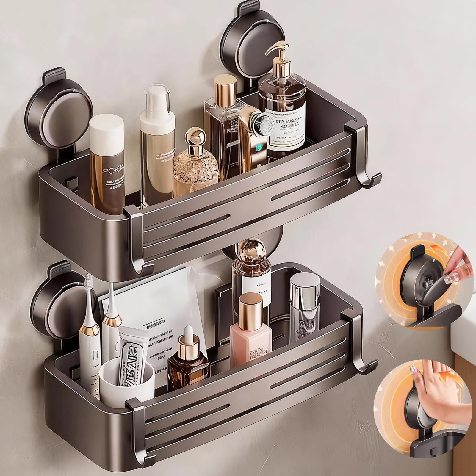 GHYFFF Shower Caddy Suction Cup 2 Pack Shower Shelves with Hooks No Drilling Aluminum Suction Showers Organizer Waterproof