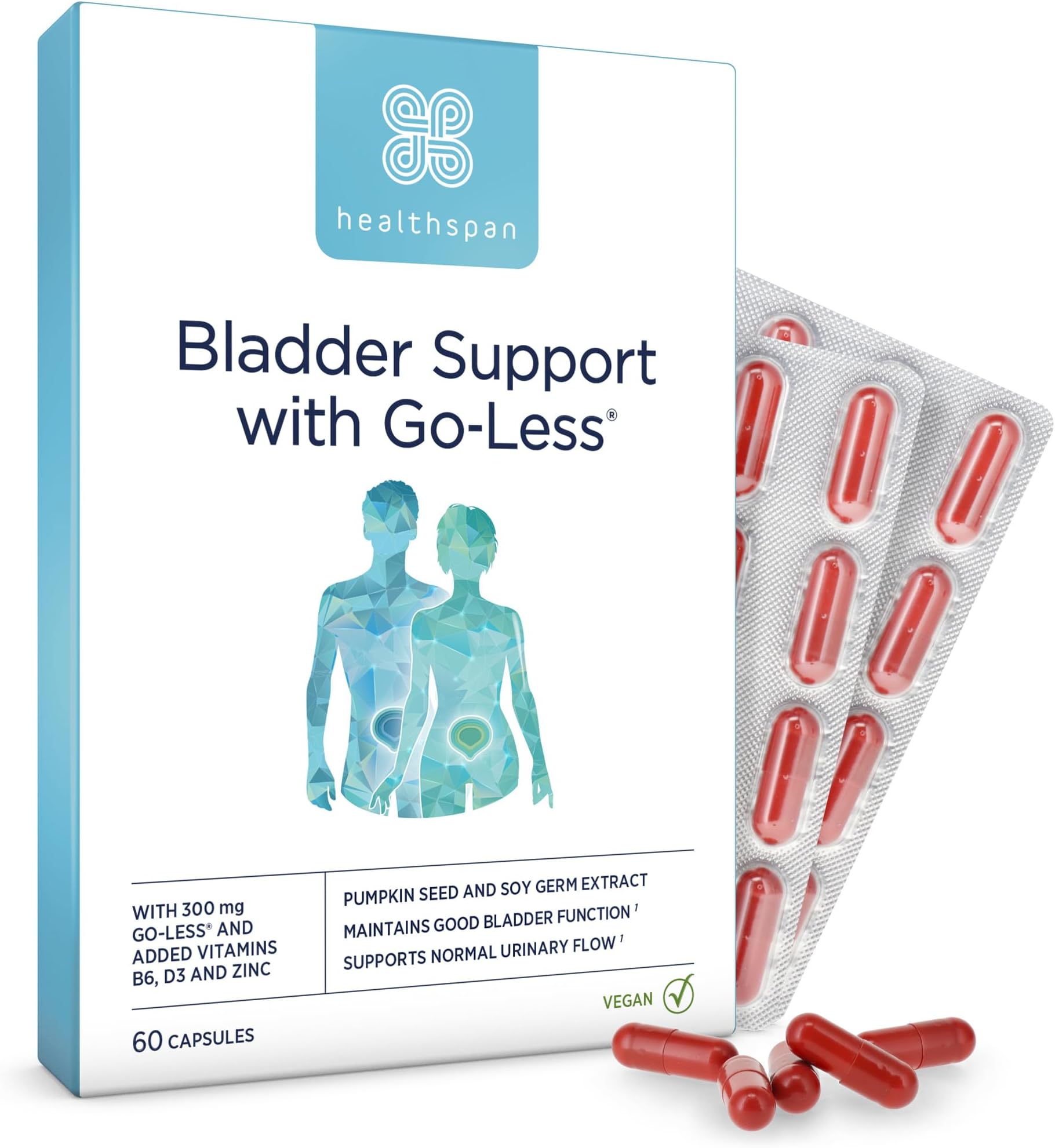 Bladder Support with Go-Less® | Supports Good Bladder Health & Urinary Flow | 300 mg Go-Less® | Pumpkin Seed Extract & Soy Germ Extracts | Added Vitamin B6, D3 & Zinc | Vegan (60 Capsules)