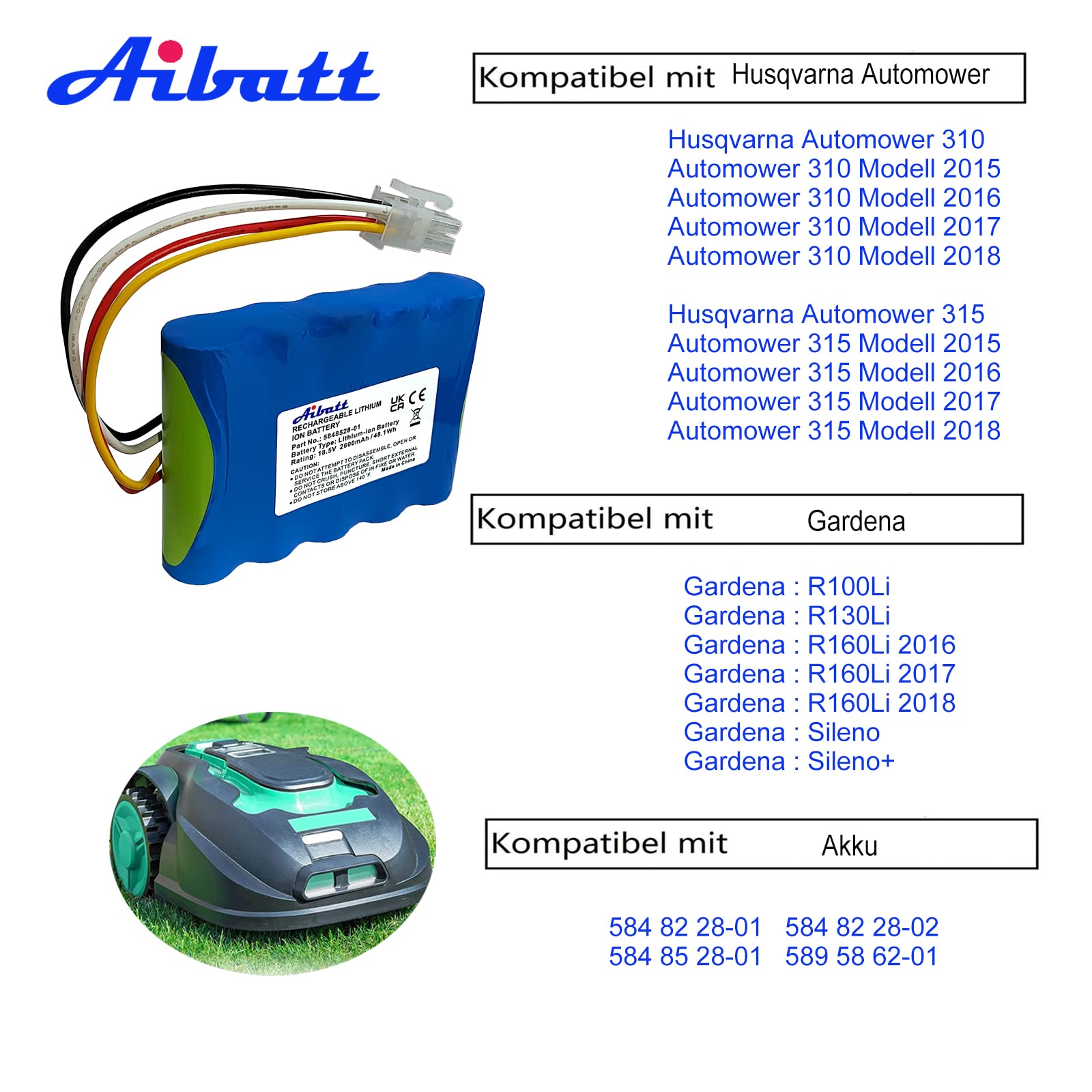 Mähroboter akku,Ersatzakku für Husqvarna Automower 310,315,5848228-01,5848228-02,5848528-01, 5895862-01,Kompatible mit Gardena Sileno R100Li,R130Li,R160Li Rasenroboter. (18.5V/2600mAh/48.1Wh)