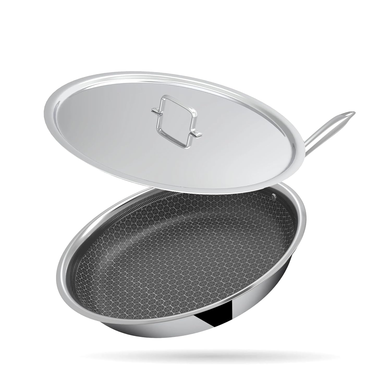 HomeEssentials 24cm Tri-Ply Stainless Steel Honeycomb Fry Pan with Lid | Non-Stick Surface, Induction & Gas Stove Compatible | Metal Spatula Friendly | Multipurpose Frying Pan | Dishwasher Safe