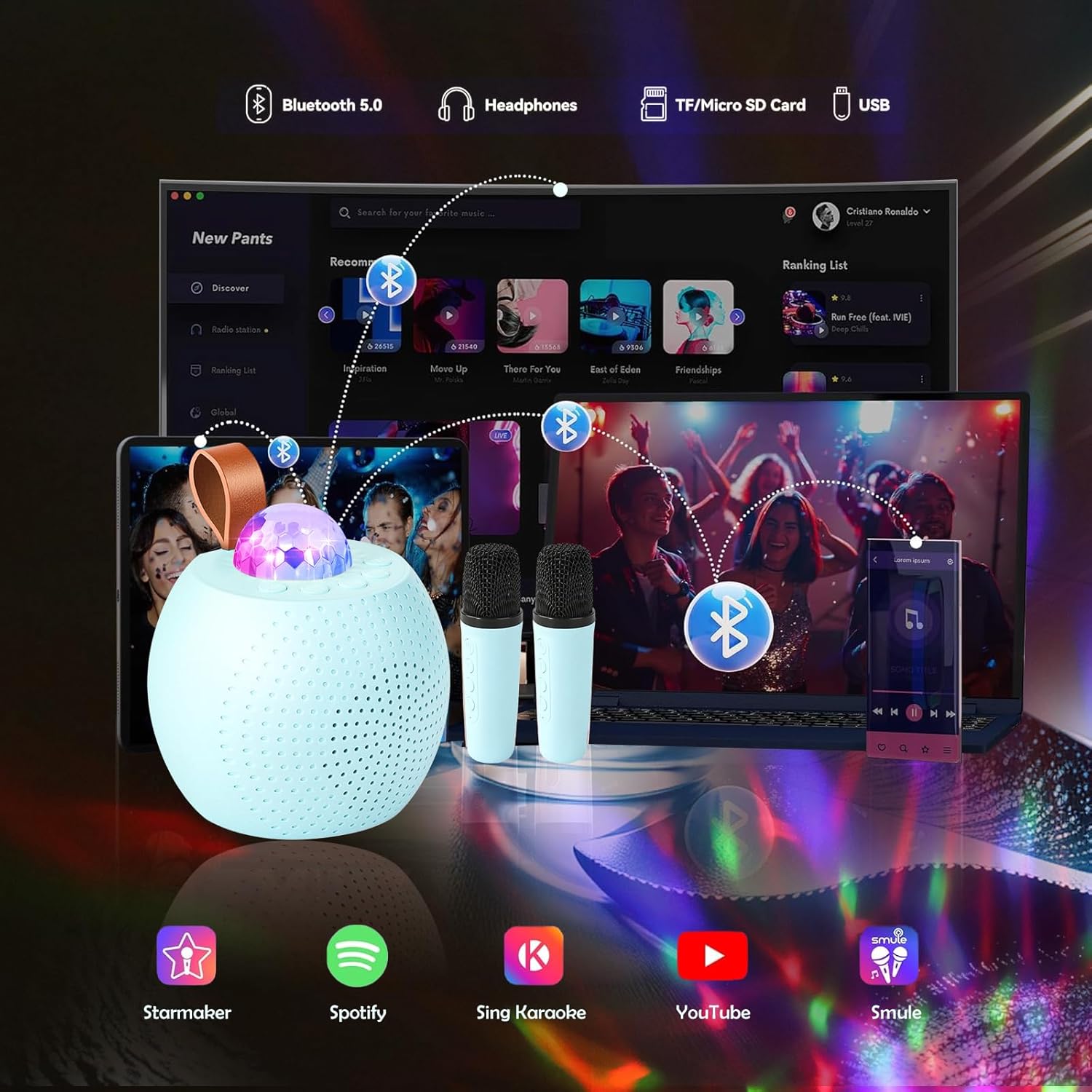 Mini Karaoke Machine for Kids Adults, Bluetooth Speaker with 2 Wireless Microphones:Portable Microphone Speaker with Colorful LED Disco Lights for Home Party-Birthday Gifts for Girls Boys (Blue)