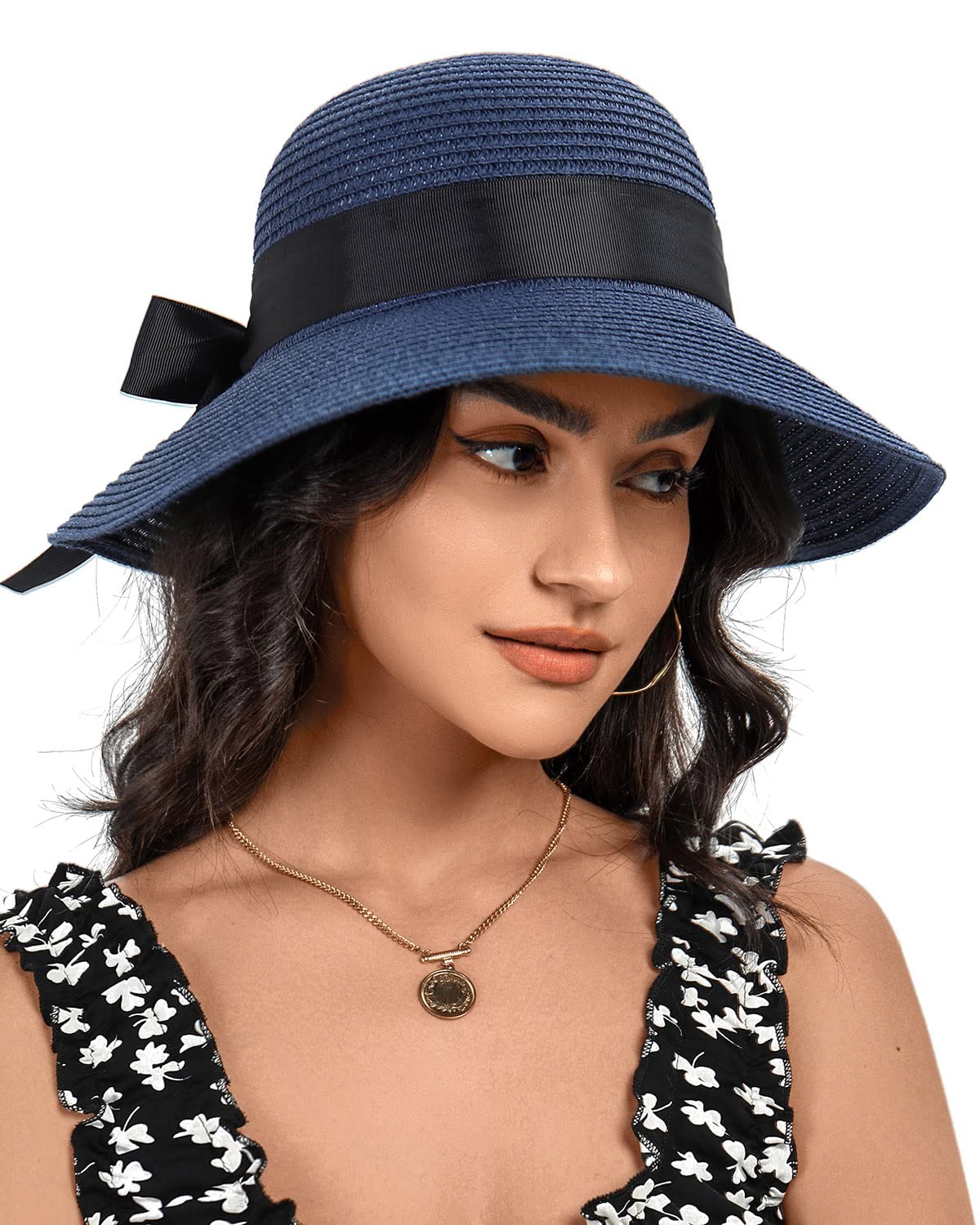 Chapeau de Paille pour Femme avec Cordon Coupe-Vent à Large Bord Pliable pour la Plage, l'été, Protection UV 50+