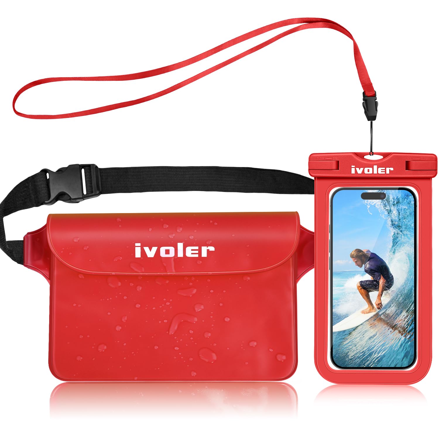 iVoler Kit Impermeabile con Borsa Marsupio e Custodia Smartphone IPX8 per Sport Acquatici Pesca Vela Sci Mare Escursione, Protezione per Cellulare Portafoglio Documenti - Rosso