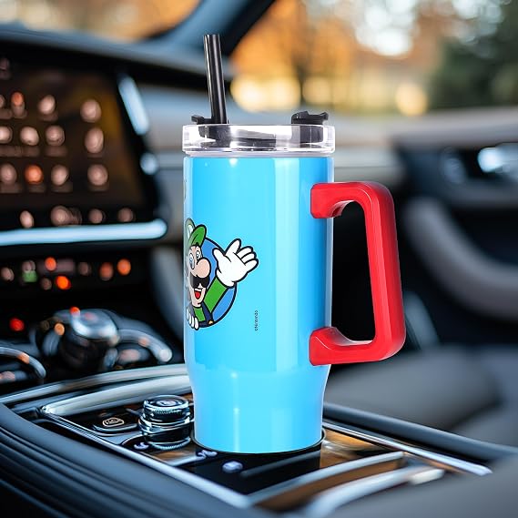 Super Mario 940mL Double Walled Vacuum Tumbler with straw & Handle | Reusable Insulated Travel Mug for Cold & Hot Drinks, Stainless Steel Kids Tumbler Cup | Cold for 17Hrs and Hot for 8Hrs