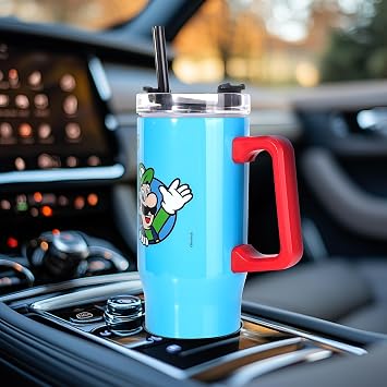 Super Mario 940mL Double Walled Vacuum Tumbler with straw & Handle | Reusable Insulated Travel Mug for Cold & Hot Drinks, Stainless Steel Kids Tumbler Cup | Cold for 17Hrs and Hot for 8Hrs