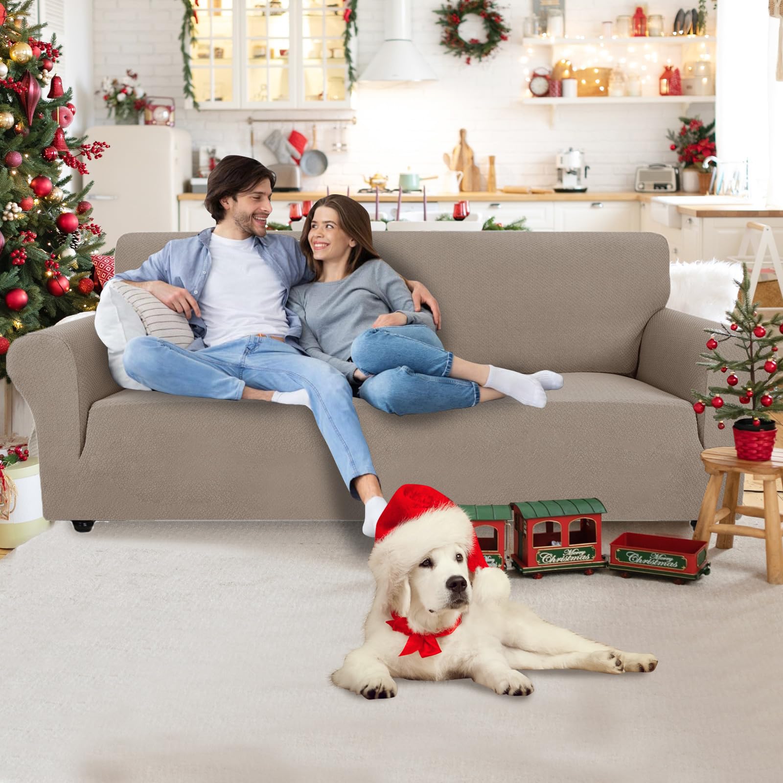 CYCMACO Copridivano 3 Posti Con Braccioli, Copridivani Elasticizzato Antiscivolo, Universale Moderno Copri Divano Antigraffio, Sofa Cover Antimacchia, Lavabile In Lavatrice, Cachi