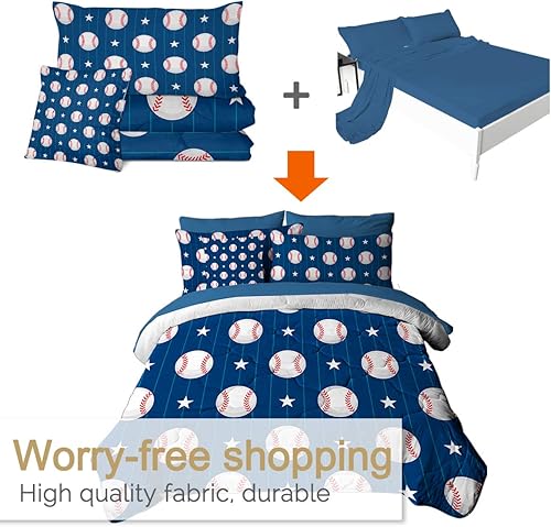 Miniatura 4 de BlessLiving - Juego de edredón de tamaño individual en una bolsa, diseño de béisbol en color azul marino para niños y adolescentes, juego de edredón