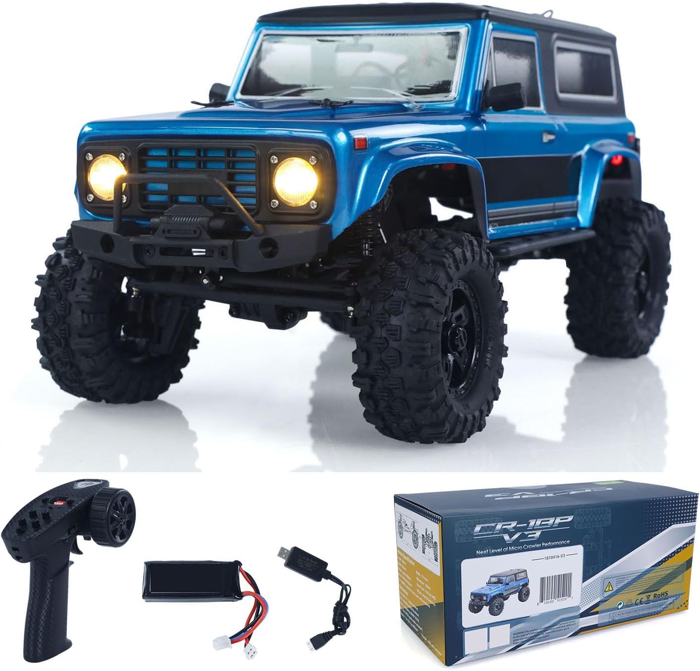 4WD RC Rock Crawler Car Rushmore CR18P V3 1/18 2.4Ghz Crawler RTR Vehicle Brushless Motor ESC Lights USB Charger Hobby Grade Model for Adult(Metallic Blue)