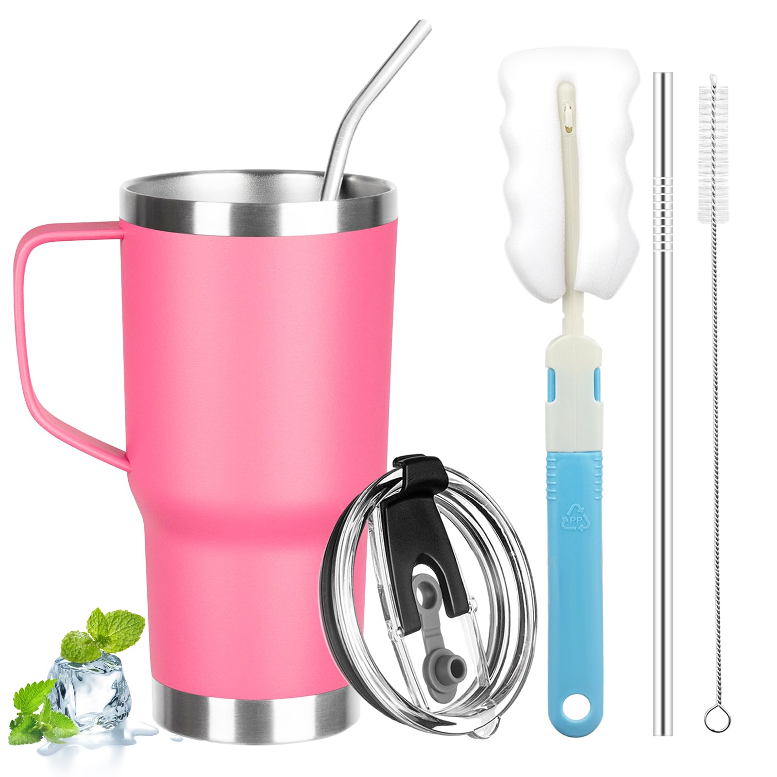 20 oz Tumbler with Handle, Stainless Steel Insulated Tumbler with Lid and Straw, Double Wall Vacuum Coffee Mug Tumbler, Insulated Coffee Thermal Cup for Cold and Hot (Rose Red, 20 Ounces)
