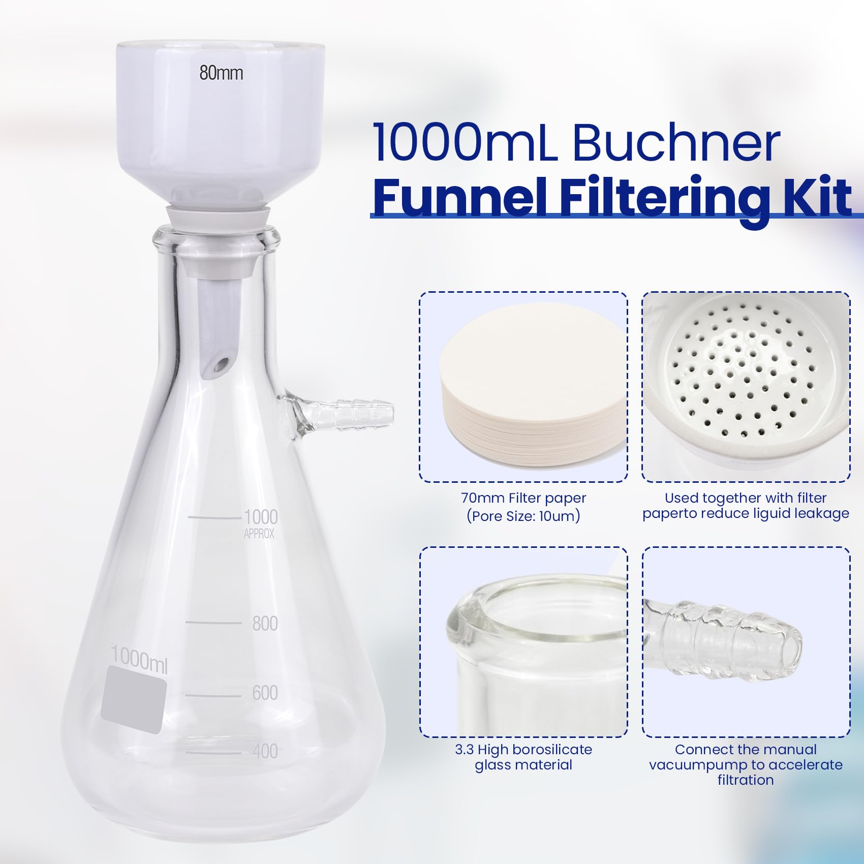 Kit de Filtrado al Vacío Buchner Funnel 1000 mL, Bomba de Vacío Manual, Embudo Buchner de 80 mm, 100 papeles de filtro, manguera de goma y tapones para el Laboratorio | 1000 ml de pistón de filtro, bomba de vacío manual, embudo Buchner de 80 mm, 100 papel