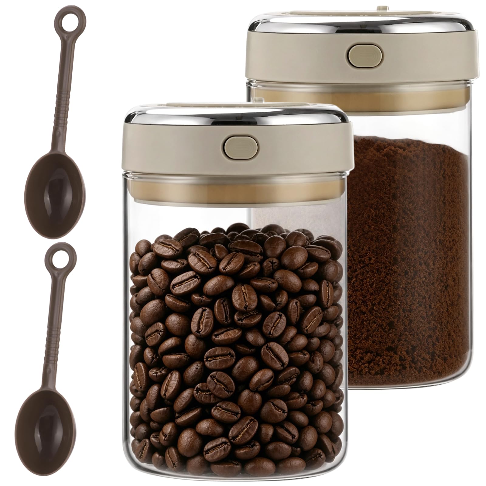 2er Pack luftdichte Glas-Kaffeedosen 37,2 fl oz mit Einwegventil, Vakuumverschluss-Vorratsbehälter für Kaffeebohnen, Tee, Milchpulver, warmgrau weiß, 16 x 11,2 x 11,4 cm