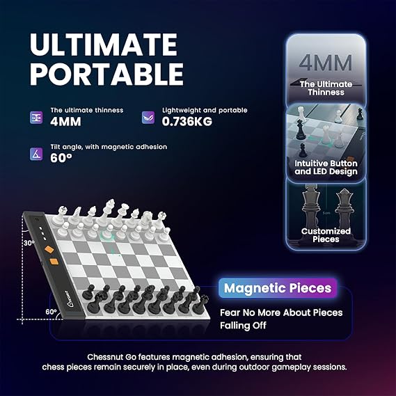 Chessnut Go Portable Travel Electronic Chess Board Full Piece Recognition, Magnetic Adhesion, AI Chess Computer, Compact Design Best Smart Chessboard for Travel (Grey)