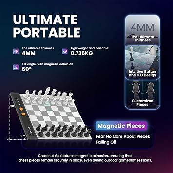 Chessnut Go Portable Travel Electronic Chess Board Full Piece Recognition, Magnetic Adhesion, AI Chess Computer, Compact Design Best Smart Chessboard for Travel (Grey)