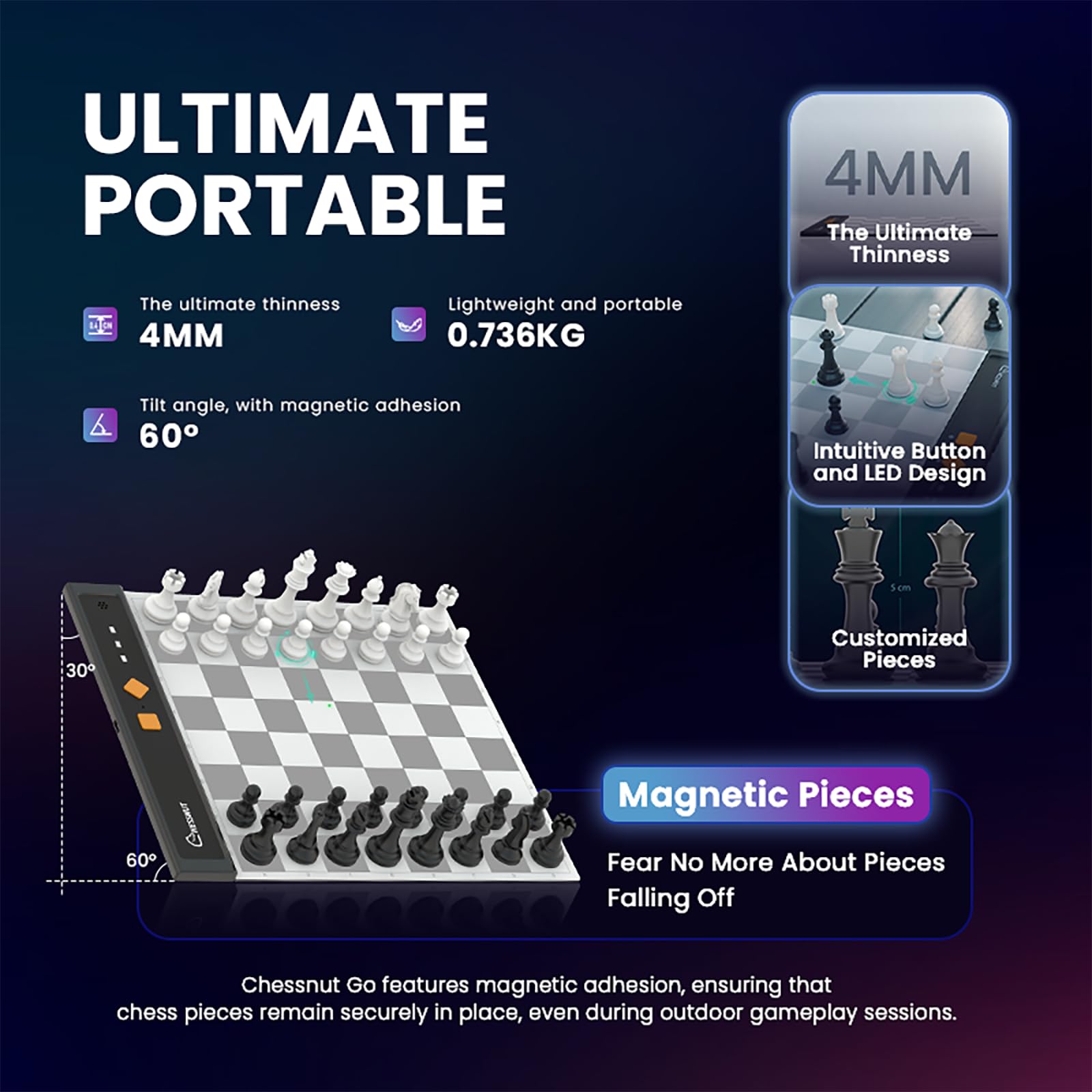 Chessnut Go Ultimate Tragbares elektronisches Schachbrett mit vollständiger Figurenkennung und starker magnetischer Haftung - Perfekte Größe für den Schreibtisch oder auf Reisen(Orange)