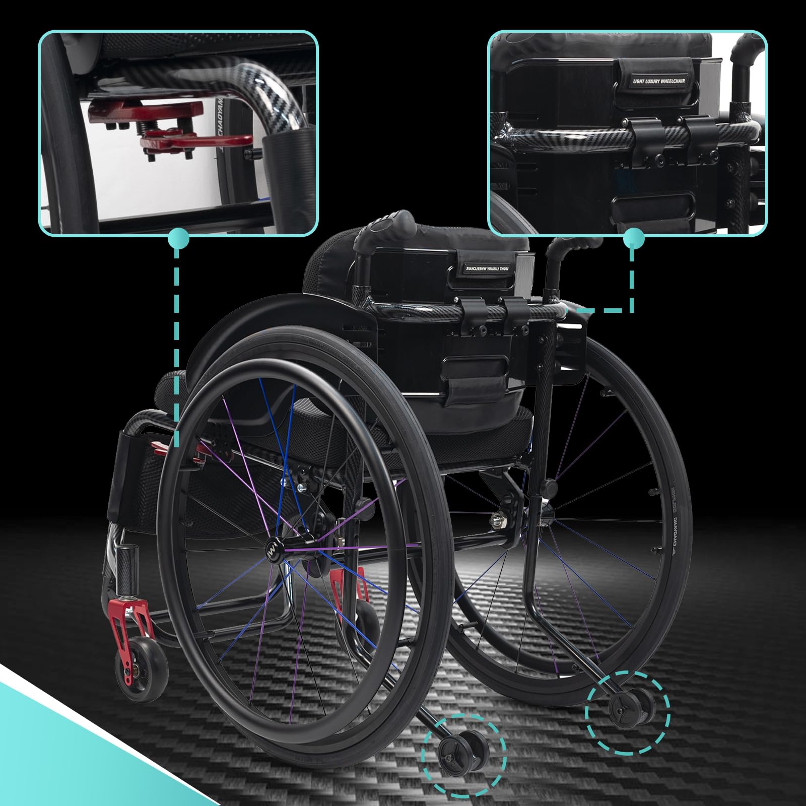Sedia a Rotelle Sport all'Aria Aperta, Sedia a Rotelle Multifunzionale in Lega di Alluminio, carico 120 kg, semovente Manuale con poggiagambe oscillante(Seat Width 45cm/17.7 Inches)