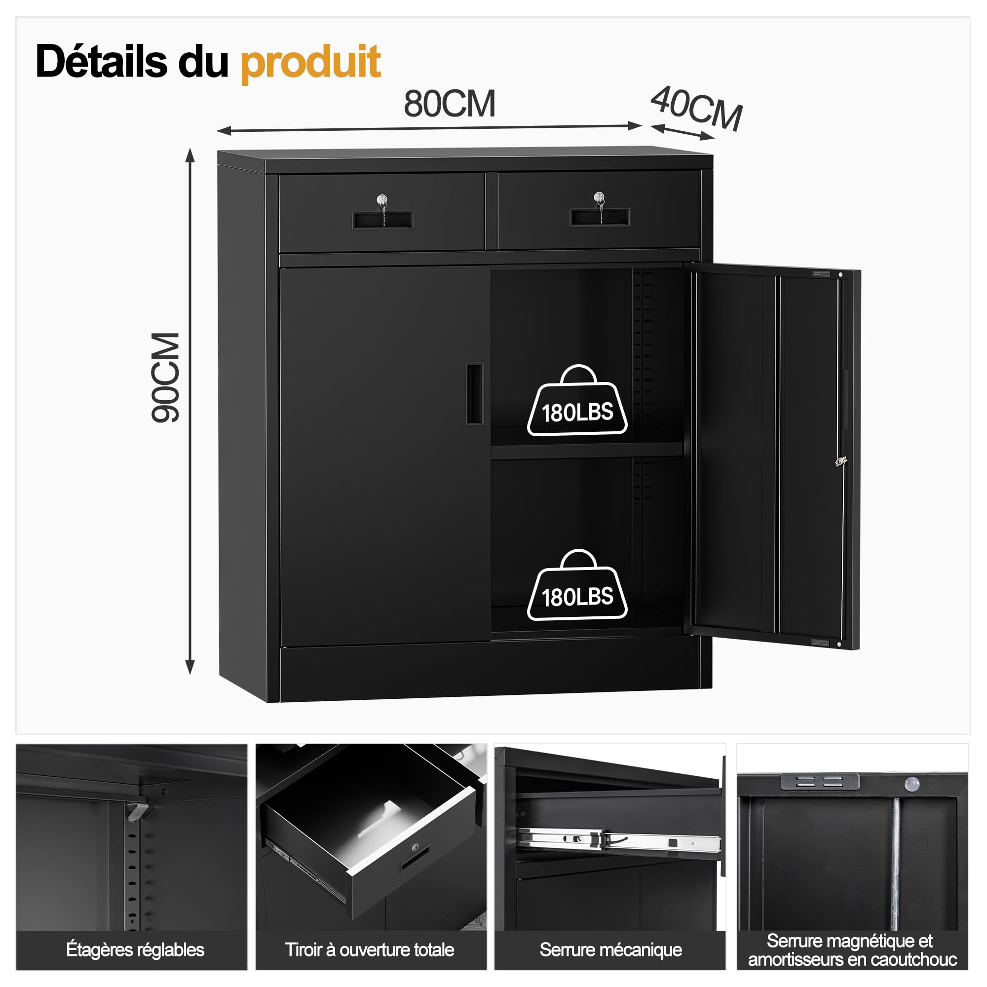 Armoire de Rangement en Métal Noir 90x80x40cm, Verrouillable à 2 Portes avec 2 tiroirs & 1 étagère réglable en Hauteur, Placard Polyvalent en Acier pour Garage, Bureau, Maison et Salon