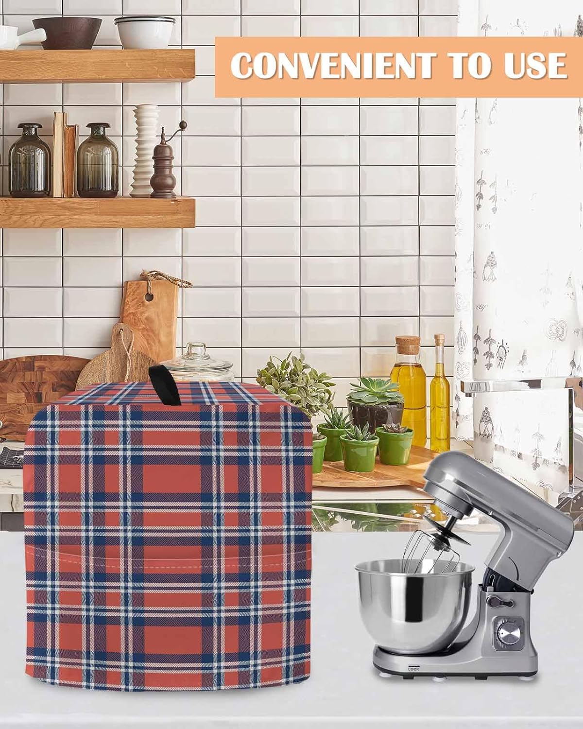 Orange Blue Stand Mixer Cover with Storage Pocket, Waterproof Kitchen Mixer Covers, British Style Buffalo Plaid Lattice Kitchen Appliance Dust Cover Compatible with 4/4.5 Quart Mixers