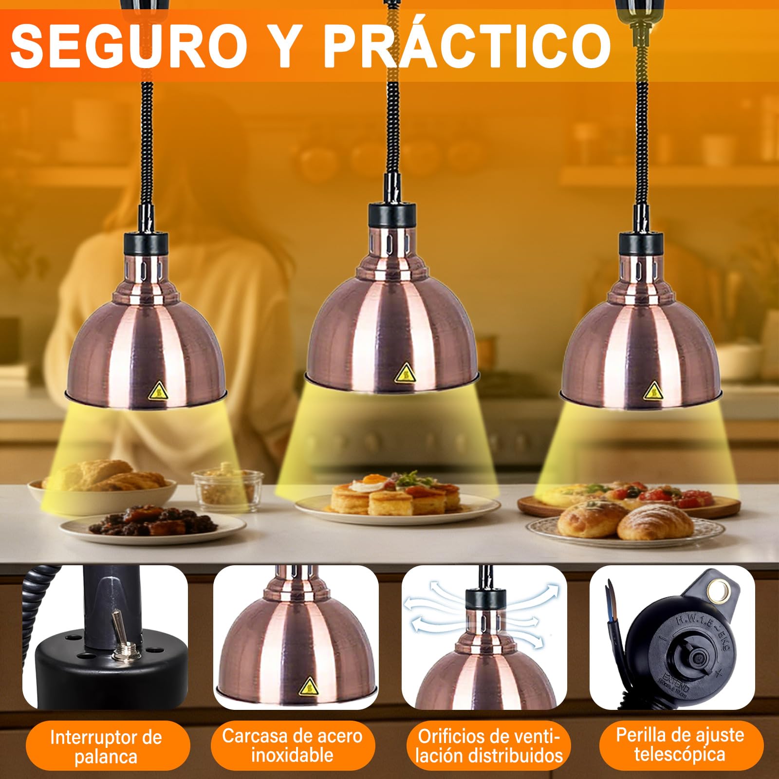 Lampada Riscaldante per Alimenti, Acciaio Inossidabile Lampada Riscaldante per Alimenti Sospesa, 25cm Lampada Riscaldante Cucina per Settore Della Ristorazione (Rosso rame, 4)