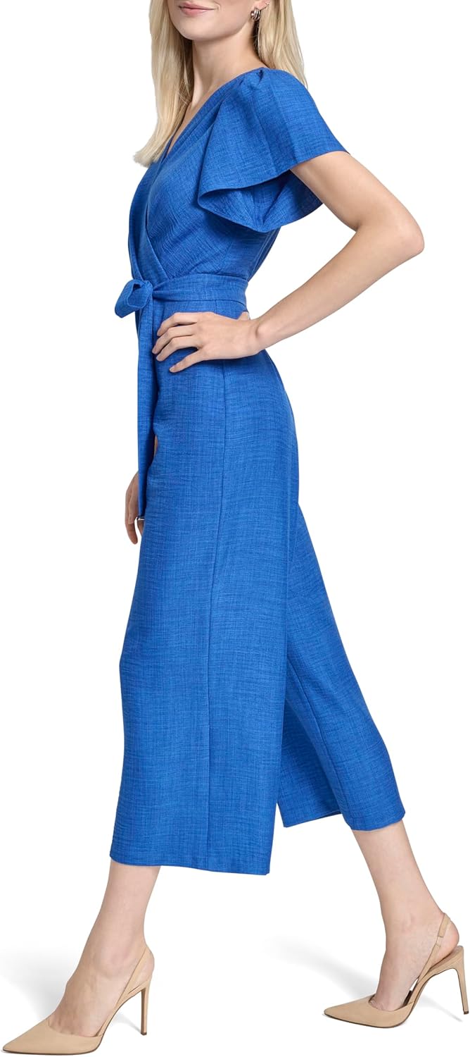 DKNY womens Short Flutter Sleeves Surplice Neck Wide Leg Belted Jumpsuit - Image 3