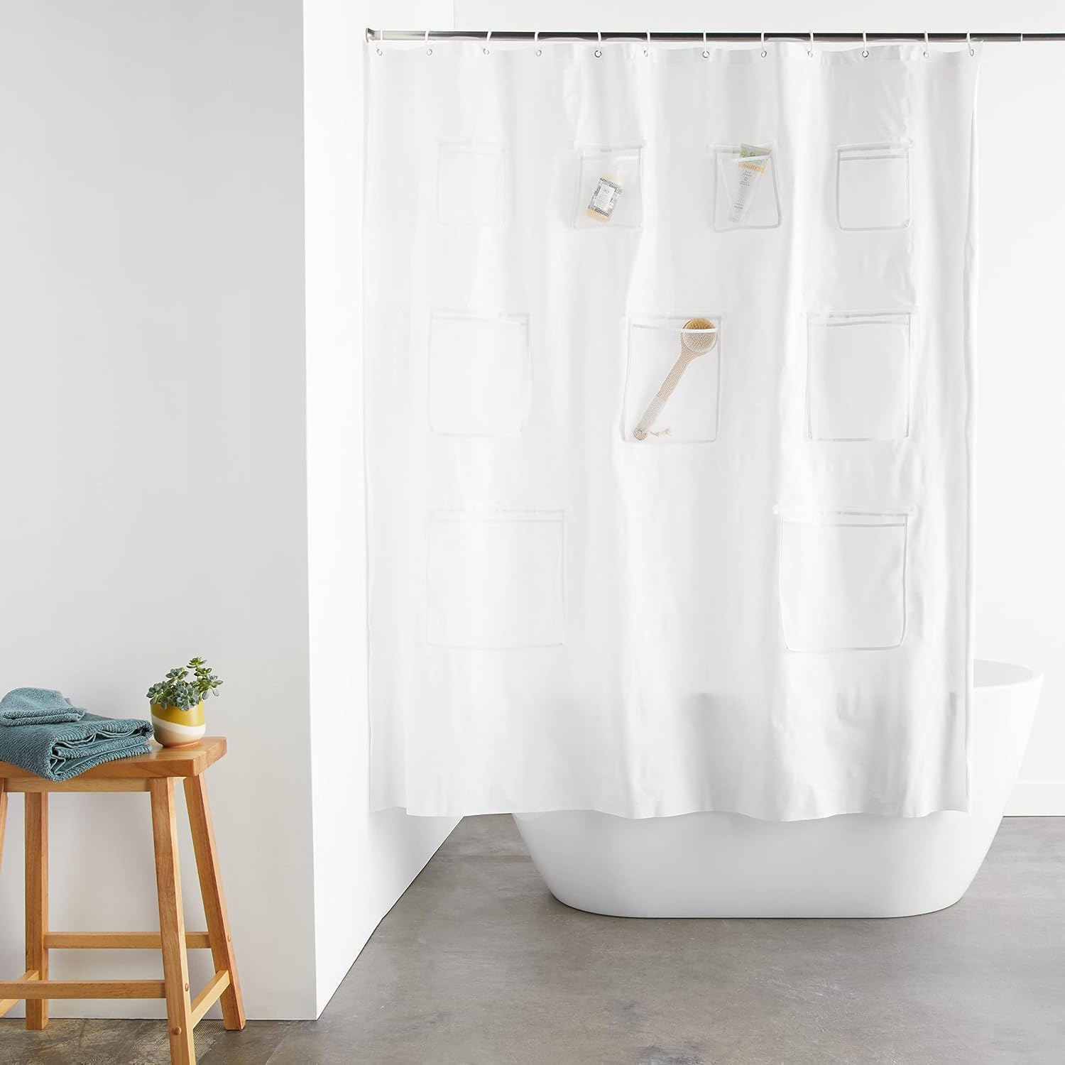 Amazon Basics 8-Gauge PEVA Shower Curtain or Liner with Mesh Storage Pockets - 72" x 72", White