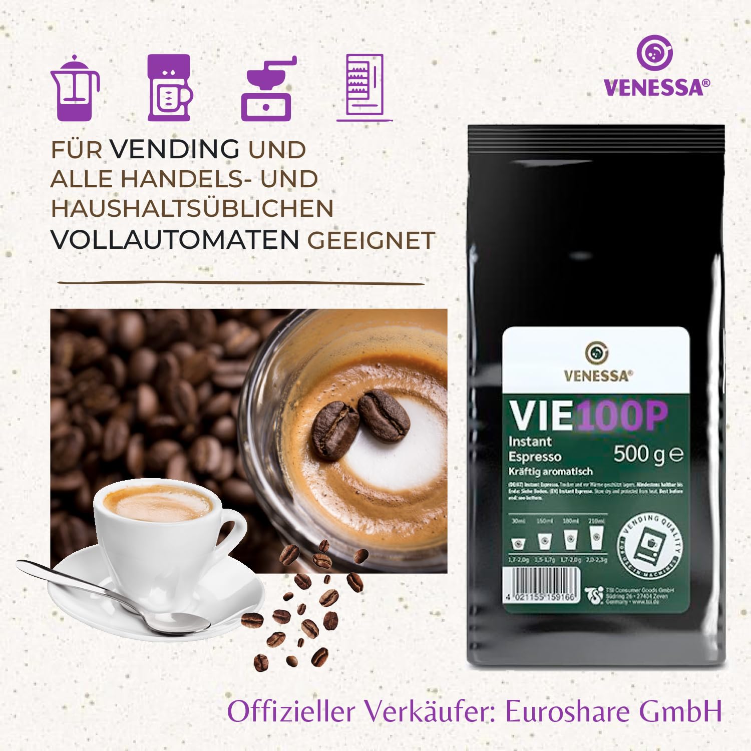 VENESSA VIE 100P Premium Instant Espresso 15 x 500 g delikatnie palone, silnie aromatyczne w smaku – do automatów Vending, gastronomii, firm