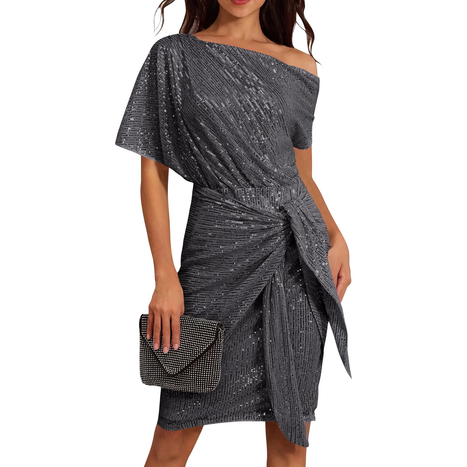 FUPODD Pailettenkleider Für Damen Elegant Slope Schulter Glitzerkleid Knielang Partykleid Silvester Kleid Glitzer Wickelkleid Festliche Kleider Pailletten Cocktailkleid Frauen Hochzeit Abendkleid