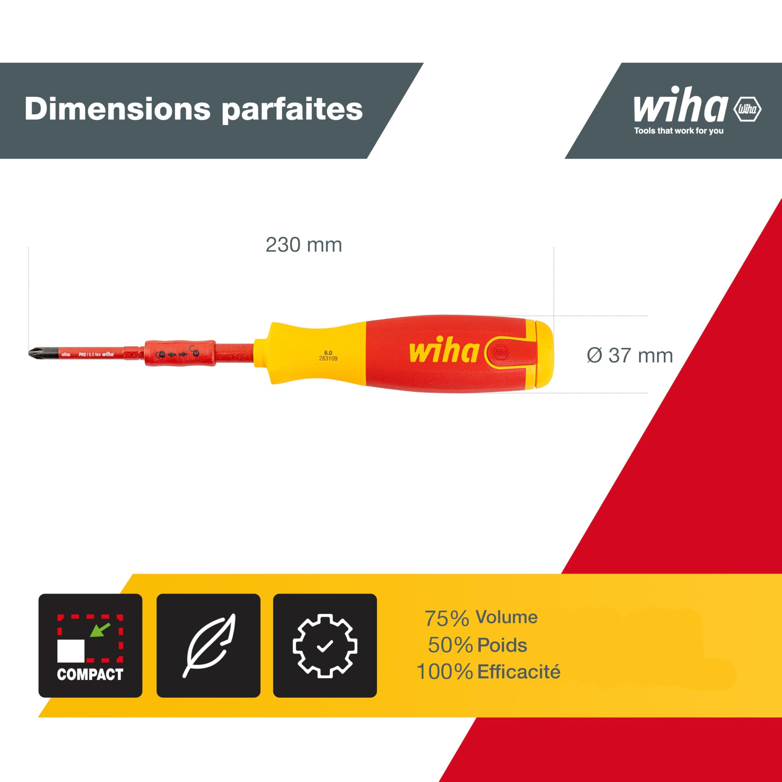 Wiha Tournevis porte-embout isolé LiftUp électricien avec magasin 6 embouts slim (38613) | (38613) Screwdriver set with slimBit magazine for electricians, bit holder, slotted/Pozidriv/PlusMinus