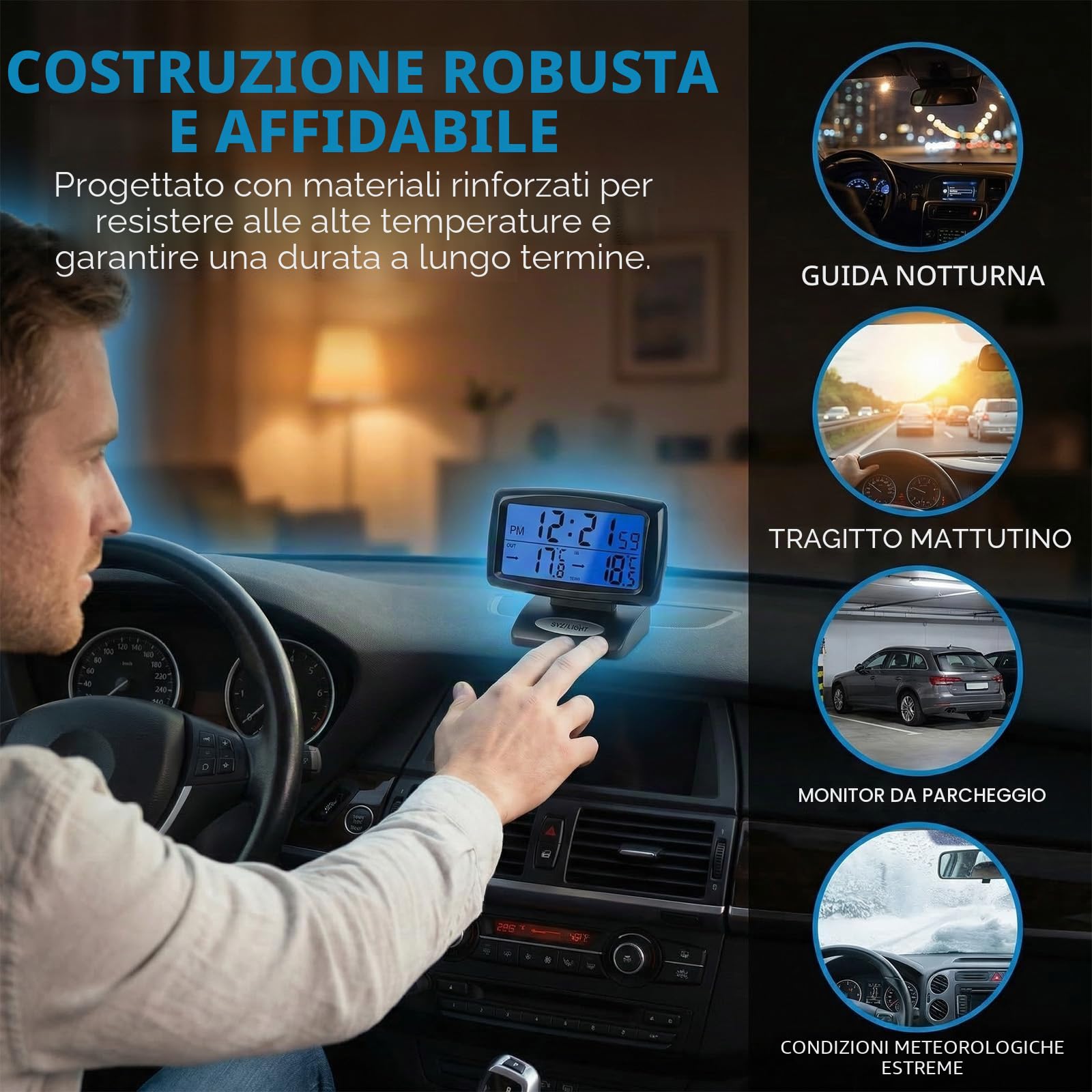 termometro per auto, sveglia digitale, misuratore di temperatura con retroilluminazione, termometro per auto