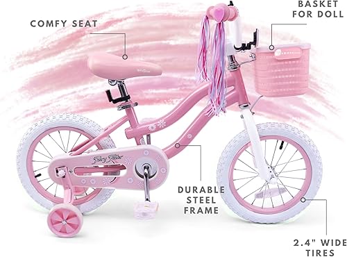 Miniatura 5 de Bicicleta para niñas de 3 a 5 años, bicicleta para niños con ruedas de entrenamiento, canasta, freno de posavasos, serpentinas, bicicleta de pedal